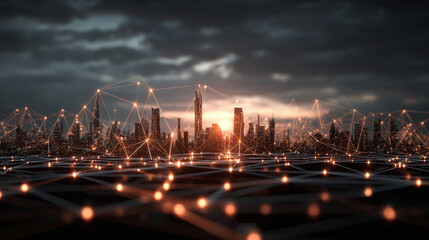 A futuristic cityscape with a digital network overlayed on it. The image shows a complex web of interconnected nodes and lines that symbolize data flow and connectivity.