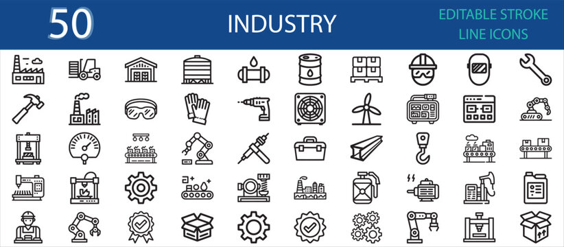 Editable line icon pack of industry and manufacturing concepts. Includes factory, machines, tools, robots, workers, safety gear, production line, automation, and mechanical parts. - Powered by Adobe