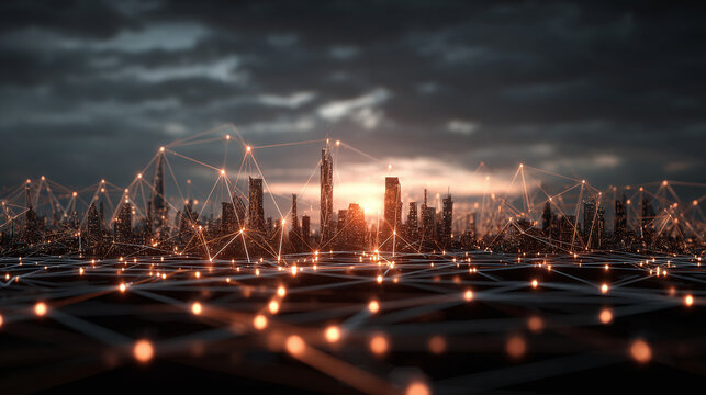 A futuristic cityscape with a digital network overlayed on it. The image shows a complex web of interconnected nodes and lines that symbolize data flow and connectivity. - Powered by Adobe