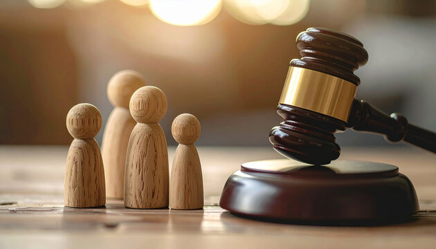 Wooden family figurines and judge gavel. Family law, protection and justice.