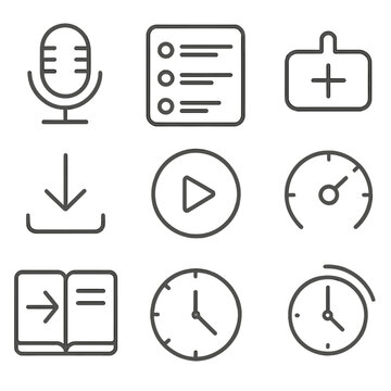 Podcast Player Icons. Line style icons of Podcast Player: microphone icon, episode list, subscribe button, download episode, play