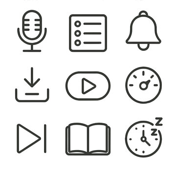 Podcast Player Icons. Line style icons of Podcast Player: microphone icon, episode list, subscribe button, download episode, play