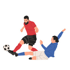 Soccer players in action, football match with red and blue teams competing for the ball, flat vector illustration of dynamic sports moments.Good for poster,event, education,learning and more