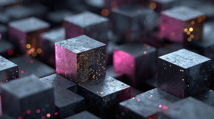 An abstract composition of interconnected metallic cubes, forming a captivating geometric pattern. Some cubes radiate with a subtle, yet vibrant, luminescence