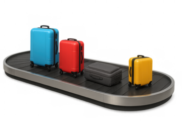 Suitcases moving on airport baggage claim carousel finding luggage at arrival terminal with transparent background