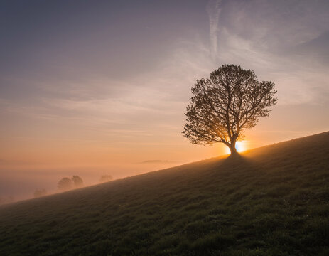A warm, backlit silhouette captures a solitary tree centered on a steep hill of grass against the intense golden sun, with misty fog filling the valley below, symbolizing solitude and a new day