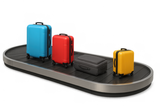 Suitcases moving on airport baggage claim carousel finding luggage at arrival terminal with transparent background