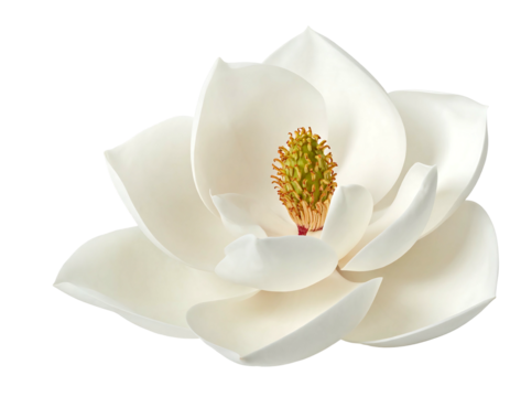 A pristine white blossom with overlapping petals and a yellow-green central structure. Isolated on black, vibrant, delicate