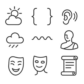 Lexical Device Icons. Line style icons of Lexical Devices: metaphor icon, simile bracket, alliteration wave, onomatopoeia ear,