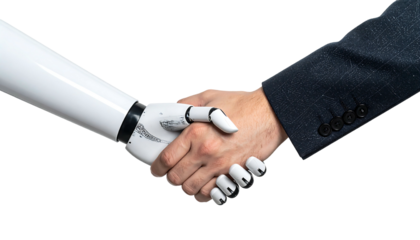 A robotic arm and a human hand shake, symbolizing collaboration between humans and artificial intelligence. The image is on a black background