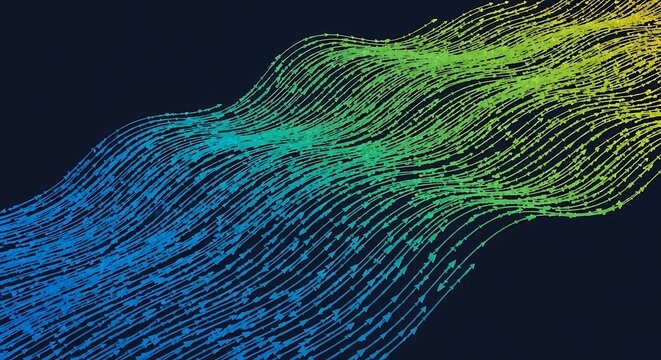 Abstract digital visualization of dynamic data flow with a vibrant blue, green, and yellow color gradient.