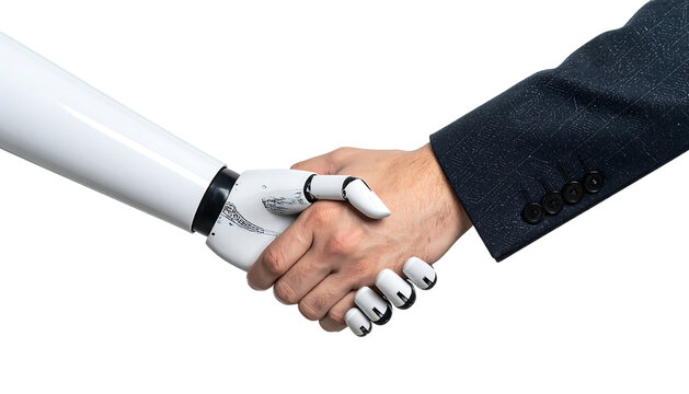 A robotic arm and a human hand shake, symbolizing collaboration between humans and artificial intelligence. The image is on a black background
