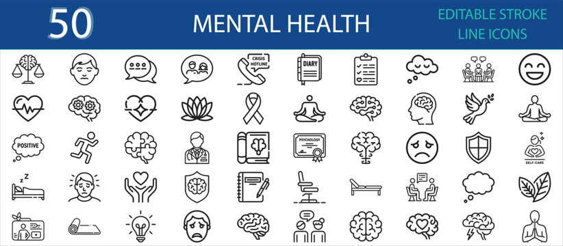 Editable line icons of mental health, psychology, and wellbeing. Includes brain, meditation, therapy, stress, yoga, happiness, mindfulness, support, counseling, and relaxation elements.