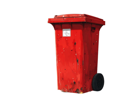 A red, rectangular waste container stands isolated against black. It has wheels and a lid, with wear marks visible on the body