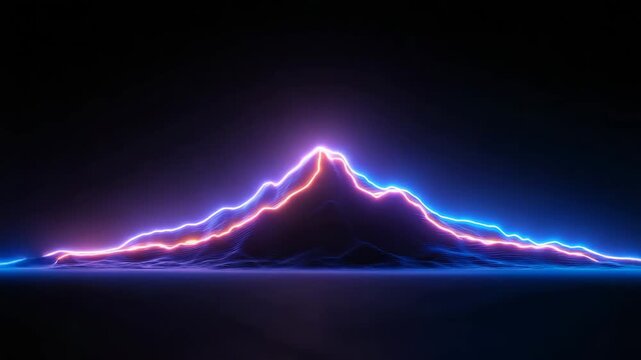 Vivid neon mountain with glowing edges at night