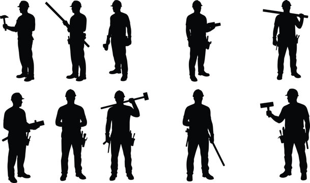 Construction worker silhouettes with hard hats, tool belts, hammer, saw, wrench, trowel, pipe wrench, sledgehammer, crowbar, paint roller illustration