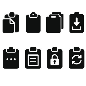 Clipboard Icons Set. Solid style icons of clipboard utilities: copy icon, clipboard manager, history stack, paste shortcut,
