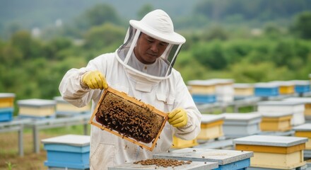 Asian man in protective gear inspecting beehive frame filled with honeycomb, surrounded by apiary with colorful hives, showcasing the art of beekeeping and honey production