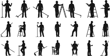 Construction worker silhouettes with tools, ladder climbing, hammer, shovel, chair, teamwork, trades, industrial labor, maintenance, workforce diversity illustration