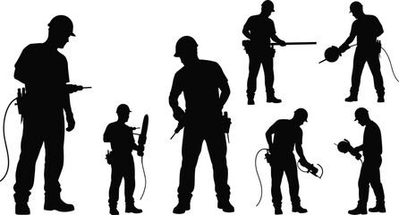 Construction workers silhouette, power tools, drilling, cutting, assembling, teamwork, safety helmets, tool belts, protective gear, industrial labor, black background illustration