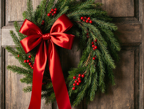 Festive christmas wreath with red bow and berries on rustic door - Powered by Adobe