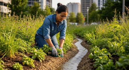 Asian woman kneeling in a lush garden, carefully tending to plants beside a flowing stream, surrounded by vibrant greenery and urban buildings in the background