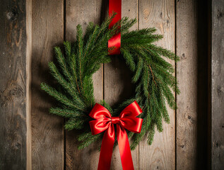 Rustic christmas wreath with red bow on wooden door