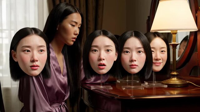 Woman in robe selecting different emotional faces from a dresser, contemplating diverse personality masks, true self and social role deception. Inner conflict.