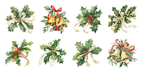 PNG Festive holly and bell decorations, element set on transparent background