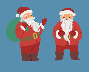 Vector clip art with Santa Claus, isolated on the neutral background. Happy smiling Santa character with a pack of Christmas presents on his back. 