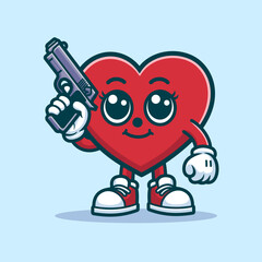 Cute Mascot Heart With Gun Cartoon Vector Art, Illustration and Graphic