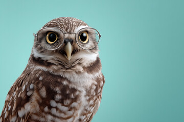 Wise owl wearing glasses looks directly at the viewer with an intelligent, inquisitive expression, perfect for educational or intellectual concepts