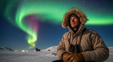 Man wearing warm jacket and gloves, gazing at vibrant northern lights in the night sky, surrounded by snow-covered landscape, capturing the beauty of nature's spectacle