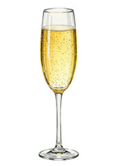 highly detailed traditional watercolor illustration of a chilled crystal flute glass filled three-quarters with sparkling, luminous golden champagne, isolated on white. concept of luxury celebration