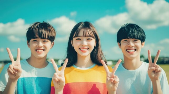 A group of happy smiling Asian friends posing together outdoors with cheerful peace sign hand gestures expressing positive energy friendship and a sense of unity and community
