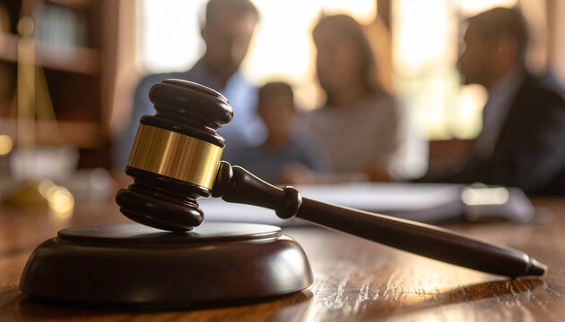 Wooden judge gavel on table, blurred family in courtroom. Child custody, law and justice.