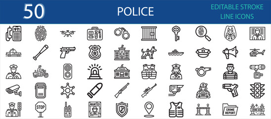 Editable stroke icons of police and security concepts. Includes badge, gun, jail, siren, patrol car, handcuff, camera, officer, SWAT, shield, whistle, traffic light, and crime scene. © Fifty Icons