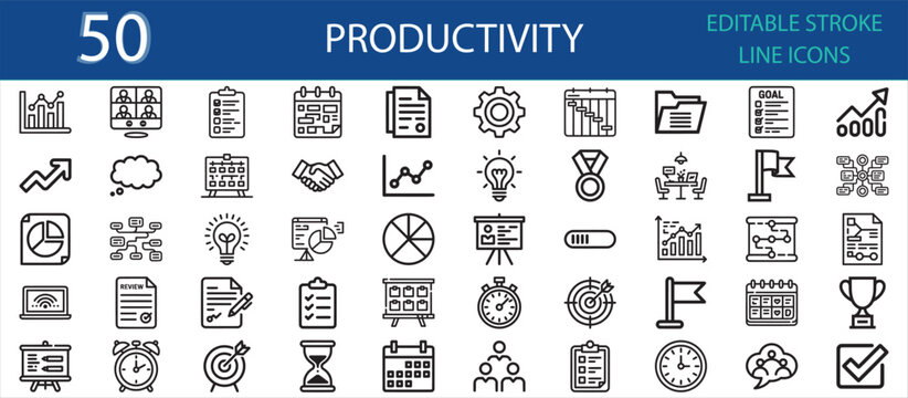 Editable line icon set of productivity and efficiency concepts. Includes calendar, chart, goal, clock, checklist, target, medal, teamwork, progress bar, and idea for office and business growth.