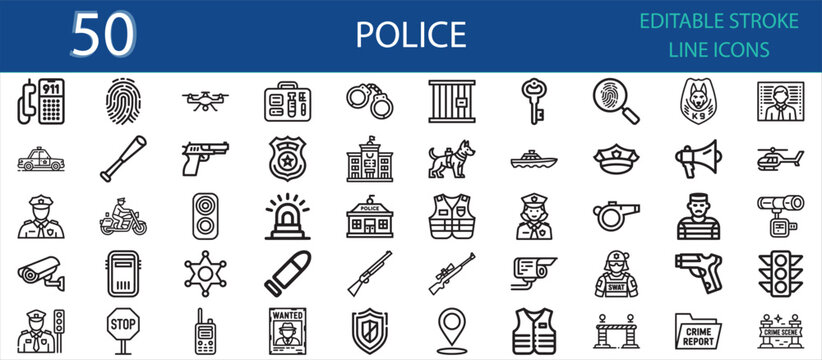 Editable stroke icons of police and security concepts. Includes badge, gun, jail, siren, patrol car, handcuff, camera, officer, SWAT, shield, whistle, traffic light, and crime scene.