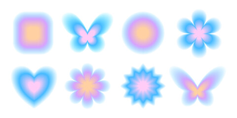 Set of blurred aura gradient hearts, flowers, butterfly, and circles in vibrant pastel colors, perfect for trendy design elements or stickers