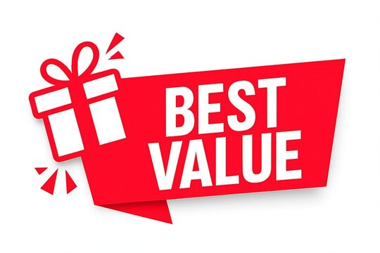 Red banner with gift icon and text best value representing a great deal or special offer for shoppers