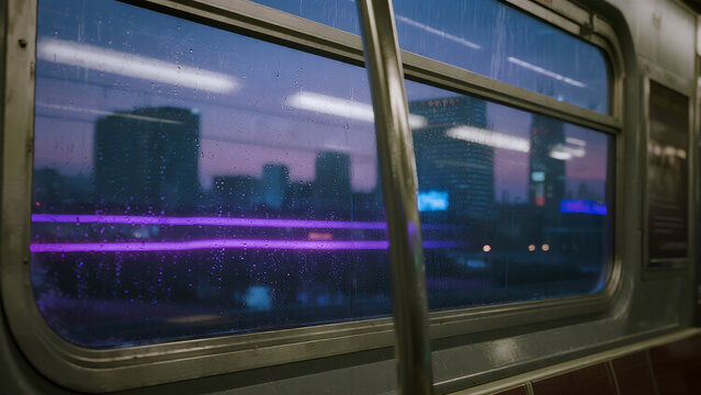 A close-up of a futuristic train window reflecting the cyberpunk city outside, streaks of purple neon light passing by