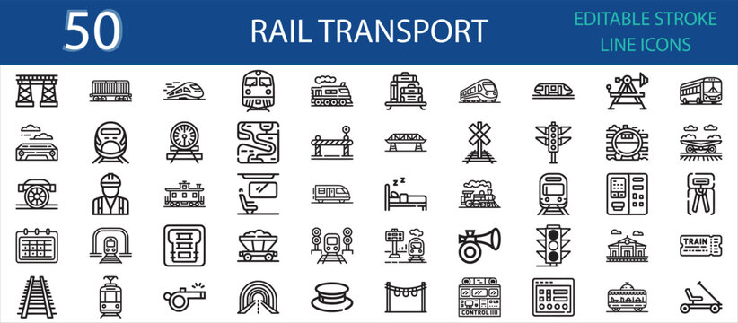 Editable stroke icon set of trains and rail transport systems. Includes locomotive, metro, station, track, ticket, engineer, railway bridge, whistle, tunnel, cargo, and high-speed rail icons.