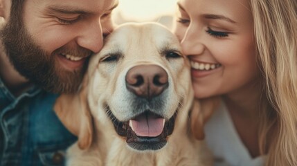 Affectionate Caucasian couple sharing a playful heartwarming moment with their beloved golden retriever dog The image captures the joy love