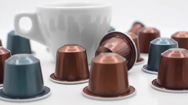 Glossy coffee pods in blue and copper tones surround a white cup, all set against a stark white backdrop