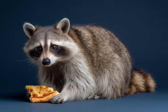 Adorable raccoon enjoying a tasty pizza slice on a sleek dark blue backdrop brings a touch of whimsical charm to any project or campaign!