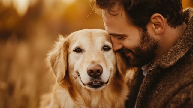 Loving embrace between a bearded man and his loyal golden retriever pet in a picturesque autumnal field setting capturing a joyful heartwarming moment of pure affection and companionship