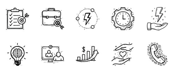 Business and productivity icon set with creative doodle style