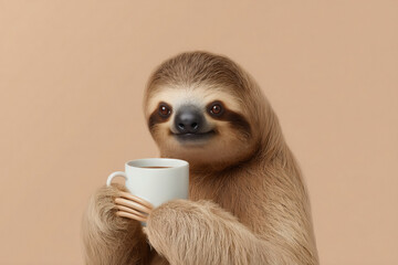 Obraz premium Adorable sloth enjoying morning coffee break looks like a perfect social media meme representing relaxation and slow living in today's busy world