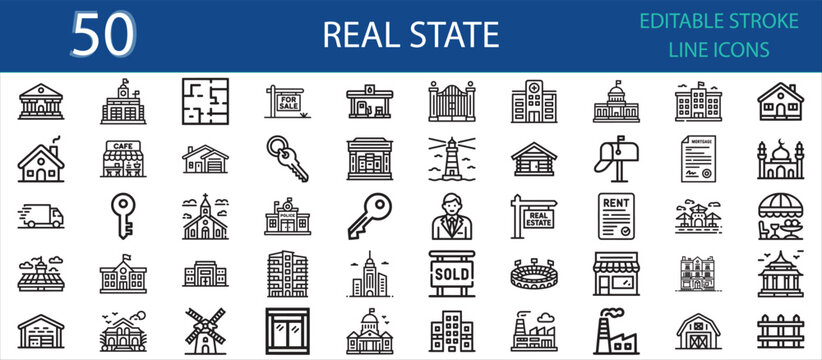 Editable line icon pack of real estate and property concepts. Includes house, apartment, rent, key, sale, agent, contract, building, bank, church, gate, and residential architecture icons.